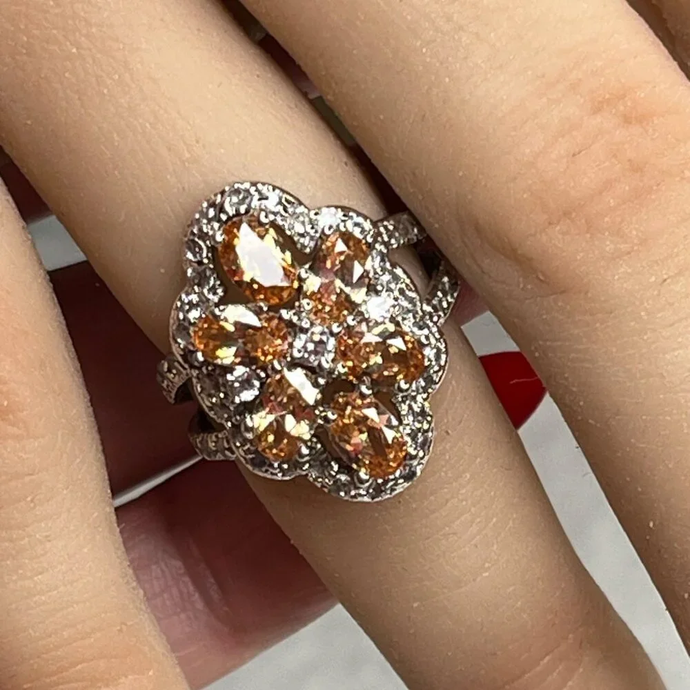 Floral Cluster Ring With Orange & Clear Gemstones In Silver Setting size 6 - Picture 2 of 8